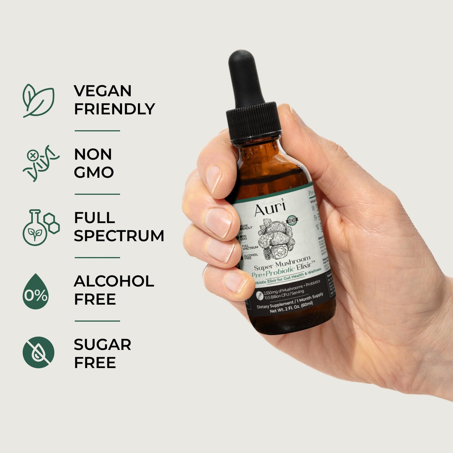 Auri Super Mushroom Pre + Probiotic Elixir – Daily Gut & Immune Support | Vegan, 60 ml