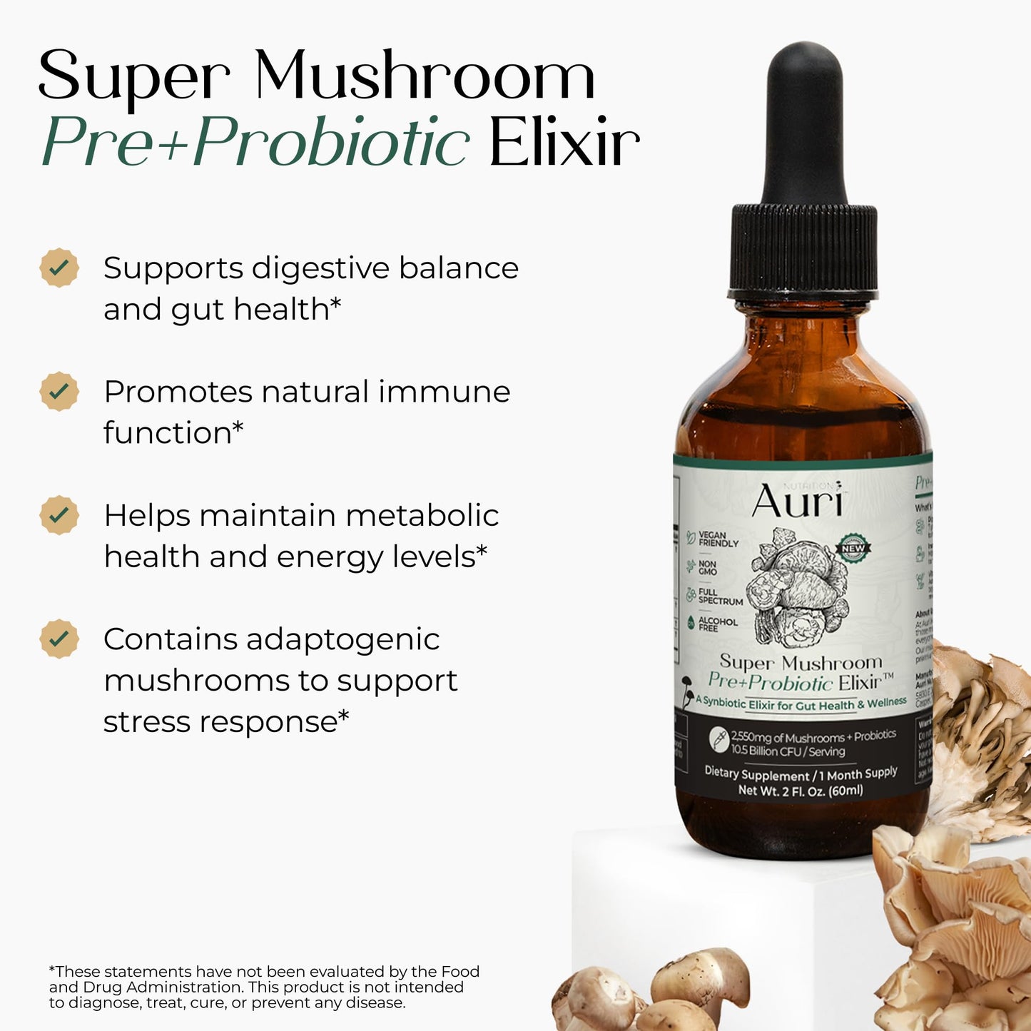 Auri Super Mushroom Pre + Probiotic Elixir – Daily Gut & Immune Support | Vegan, 60 ml