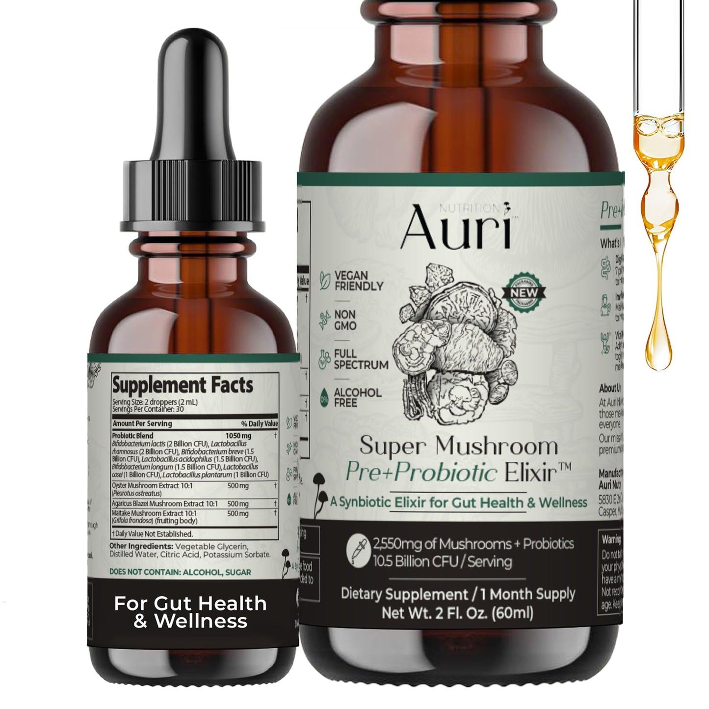 Auri Super Mushroom Pre + Probiotic Elixir – Daily Gut & Immune Support | Vegan, 60 ml