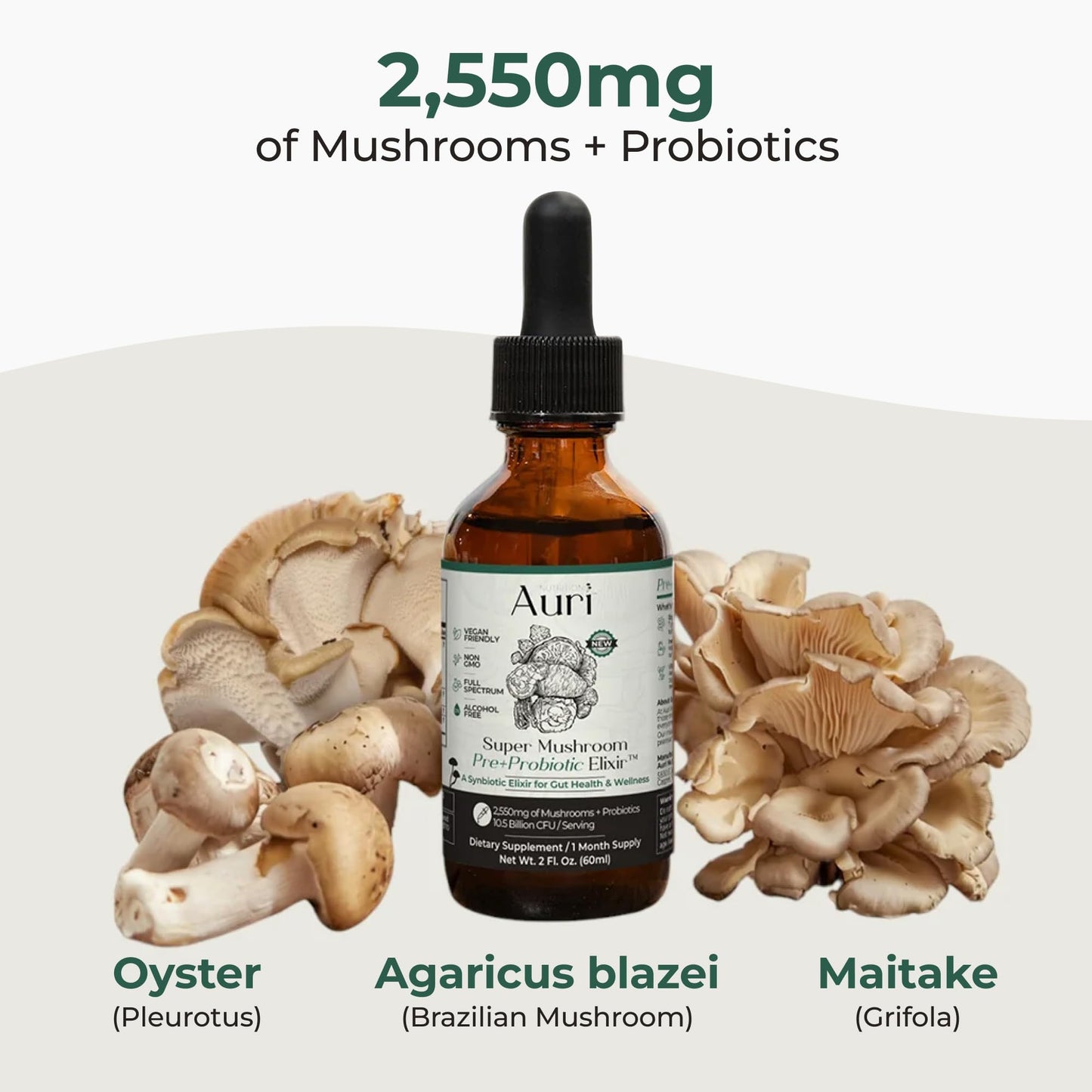 Auri Super Mushroom Pre + Probiotic Elixir – Daily Gut & Immune Support | Vegan, 60 ml