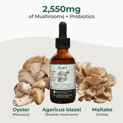 Auri Super Mushroom Pre + Probiotic Elixir – Daily Gut & Immune Support | Vegan, 60 ml