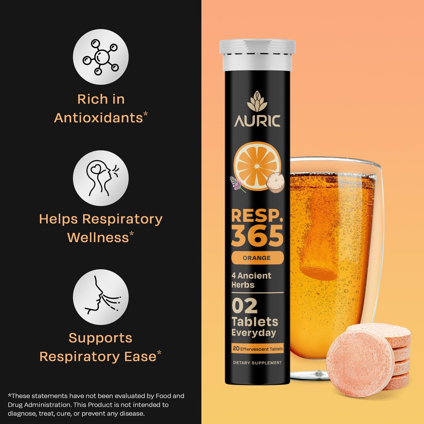 Auric Resp 365 20 Tablets | Natural Lung Detox with NAC, Pushkarmool, Piper Longum & Licorice