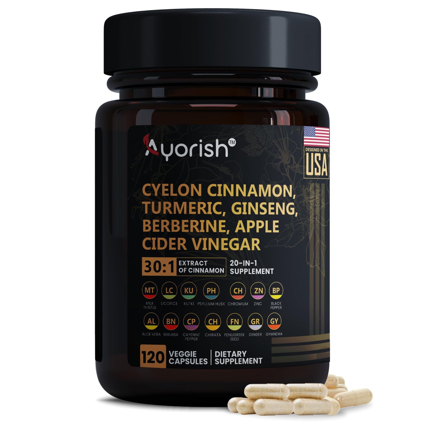 Ayorish Ceylon Cinnamon Capsule 30:1 Extract Equivalent to 9000mg | Turmeric, Ginseng, Apple Cider Vinegar Berberine Plus Bitter Melon Gymnema, Kutki, Chirata 120 Veg Capsules – 60 Days Supply
