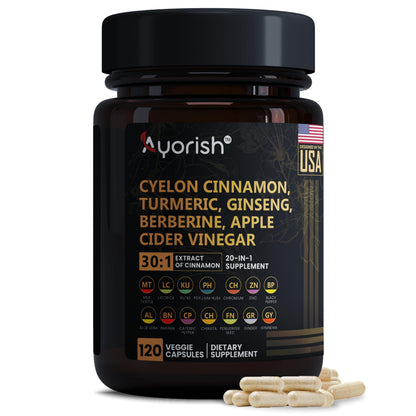 Ayorish Ceylon Cinnamon Capsule 30:1 Extract Equivalent to 9000mg | Turmeric, Ginseng, Apple Cider Vinegar Berberine Plus Bitter Melon Gymnema, Kutki, Chirata 120 Veg Capsules – 60 Days Supply