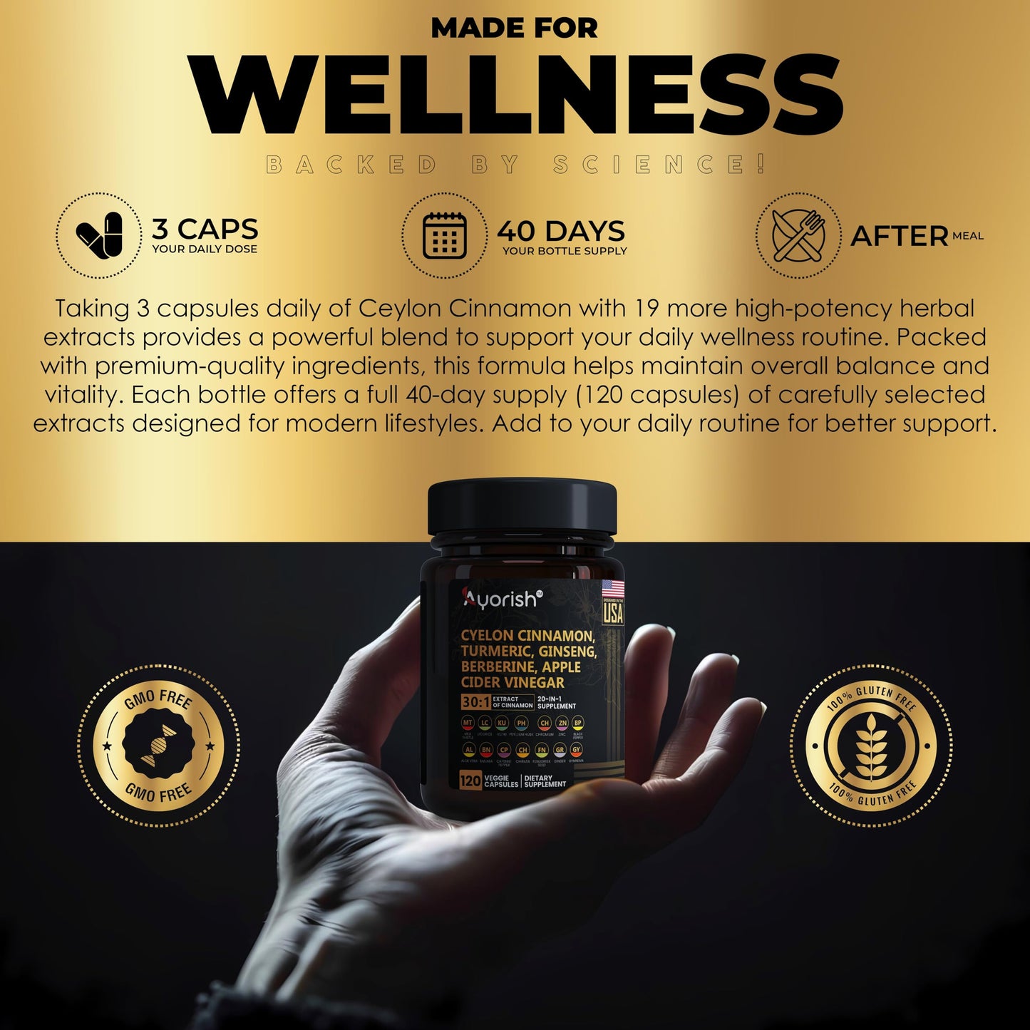 Ayorish Ceylon Cinnamon Capsule 30:1 Extract Equivalent to 9000mg | Turmeric, Ginseng, Apple Cider Vinegar Berberine Plus Bitter Melon Gymnema, Kutki, Chirata 120 Veg Capsules – 60 Days Supply