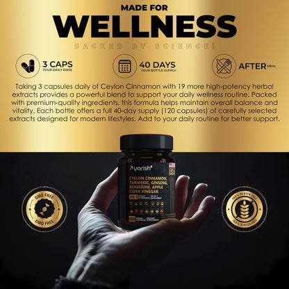 Ayorish Ceylon Cinnamon Capsule 30:1 Extract Equivalent to 9000mg | Turmeric, Ginseng, Apple Cider Vinegar Berberine Plus Bitter Melon Gymnema, Kutki, Chirata 120 Veg Capsules – 60 Days Supply