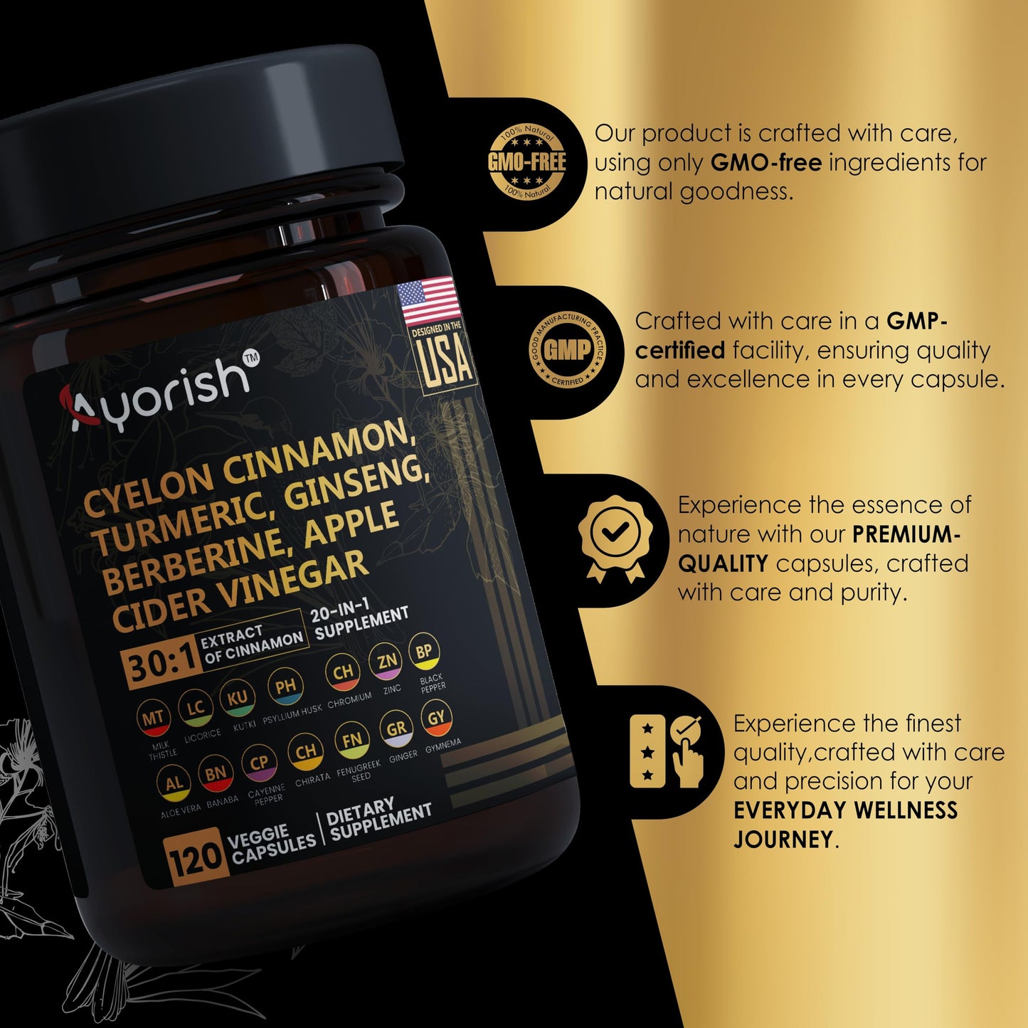 Ayorish Ceylon Cinnamon Capsule 30:1 Extract Equivalent to 9000mg | Turmeric, Ginseng, Apple Cider Vinegar Berberine Plus Bitter Melon Gymnema, Kutki, Chirata 120 Veg Capsules – 60 Days Supply