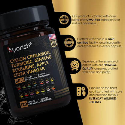Ayorish Ceylon Cinnamon Capsule 30:1 Extract Equivalent to 9000mg | Turmeric, Ginseng, Apple Cider Vinegar Berberine Plus Bitter Melon Gymnema, Kutki, Chirata 120 Veg Capsules – 60 Days Supply