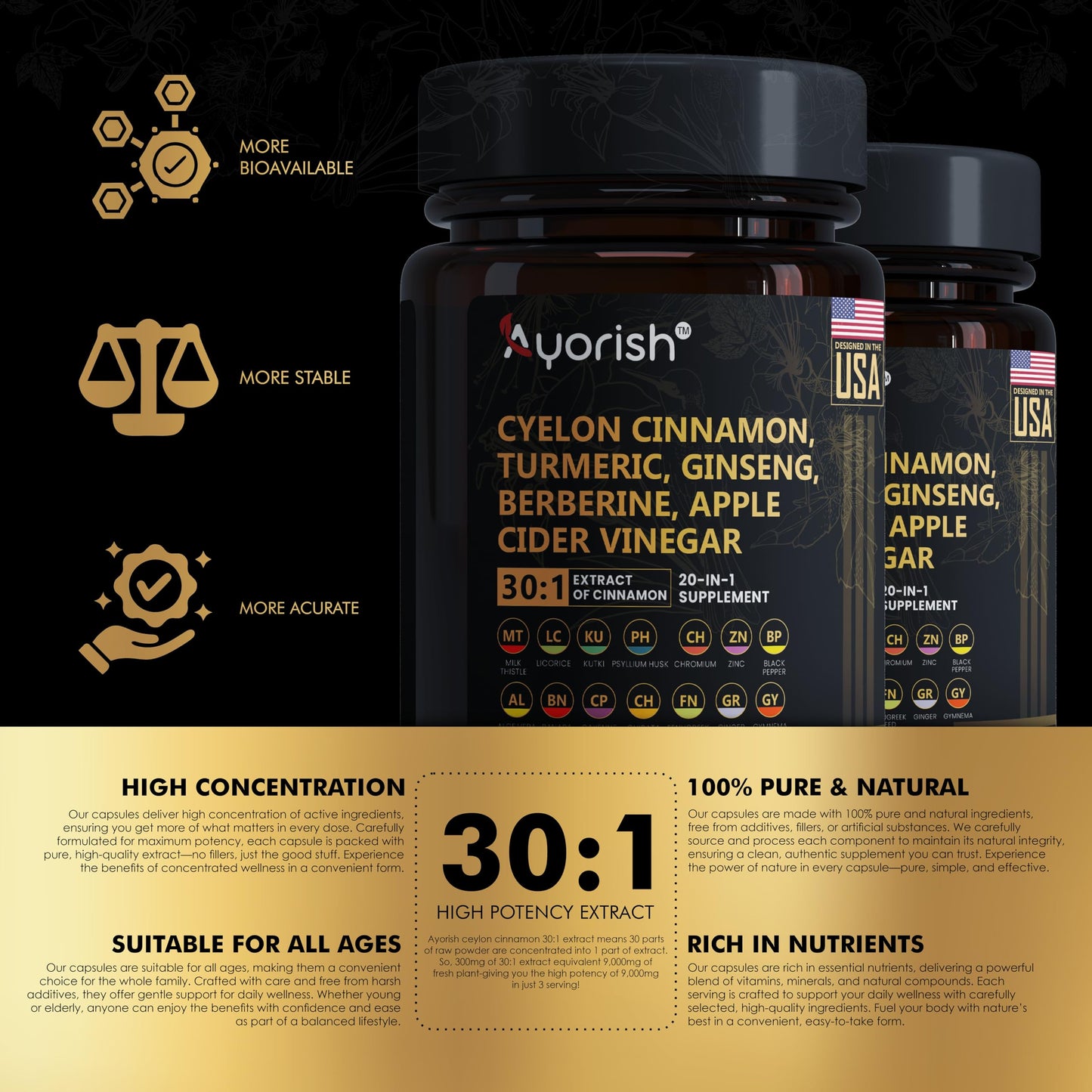 Ayorish Ceylon Cinnamon Capsule 30:1 Extract Equivalent to 9000mg | Turmeric, Ginseng, Apple Cider Vinegar Berberine Plus Bitter Melon Gymnema, Kutki, Chirata 120 Veg Capsules – 60 Days Supply