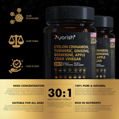Ayorish Ceylon Cinnamon Capsule 30:1 Extract Equivalent to 9000mg | Turmeric, Ginseng, Apple Cider Vinegar Berberine Plus Bitter Melon Gymnema, Kutki, Chirata 120 Veg Capsules – 60 Days Supply