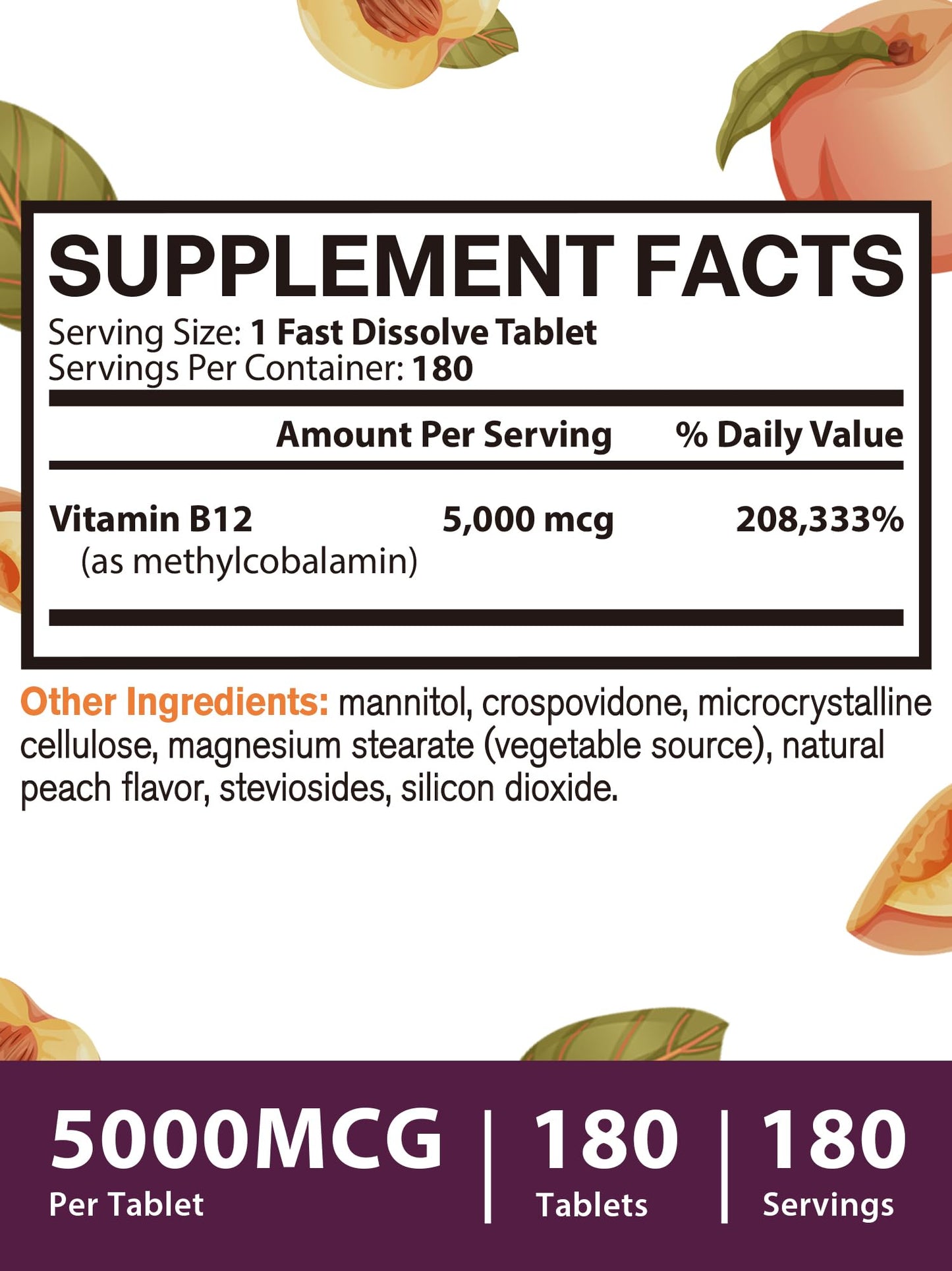 Vitamin B12 Sublingual 5000mcg – Energy & Nerve Support, Peach Flavor
