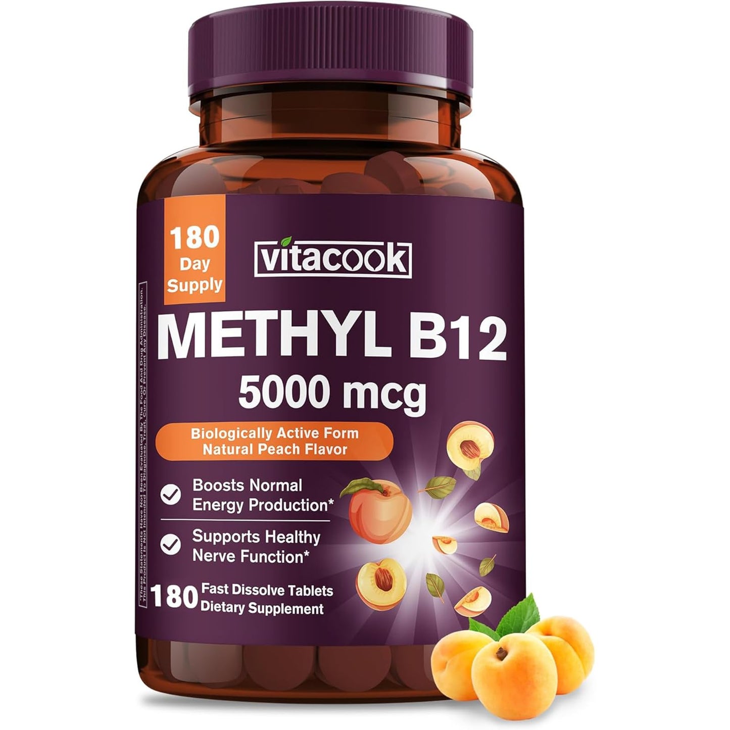 Vitamin B12 Sublingual 5000mcg – Energy & Nerve Support, Peach Flavor
