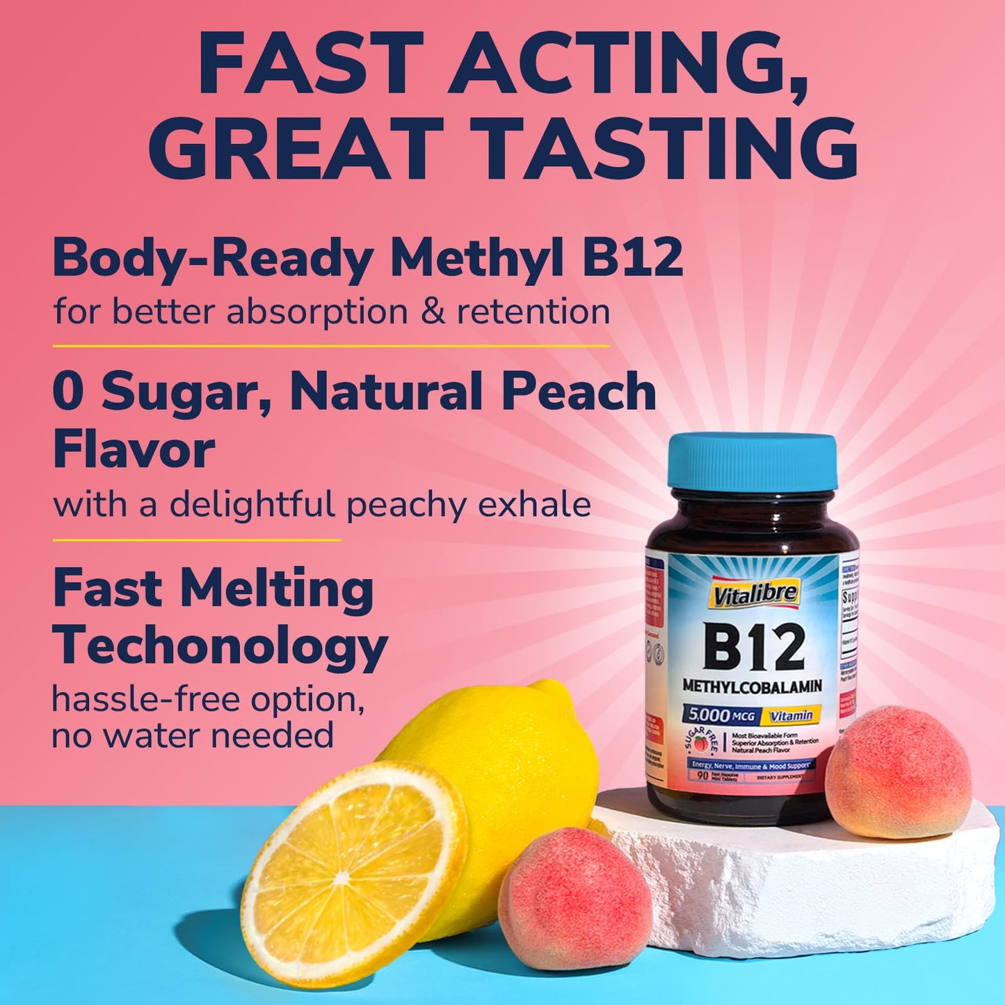Vitamin B12 Sublingual 5000 mcg – Vegan Methylcobalamin, Peach Flavor