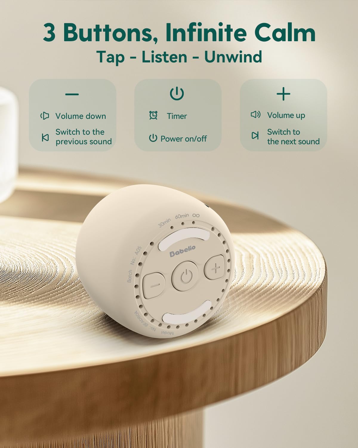 BABELIO Pocket White Noise Sound Machine – 15 Non-Looping Sounds for Sleep & Travel (Putty Gray)