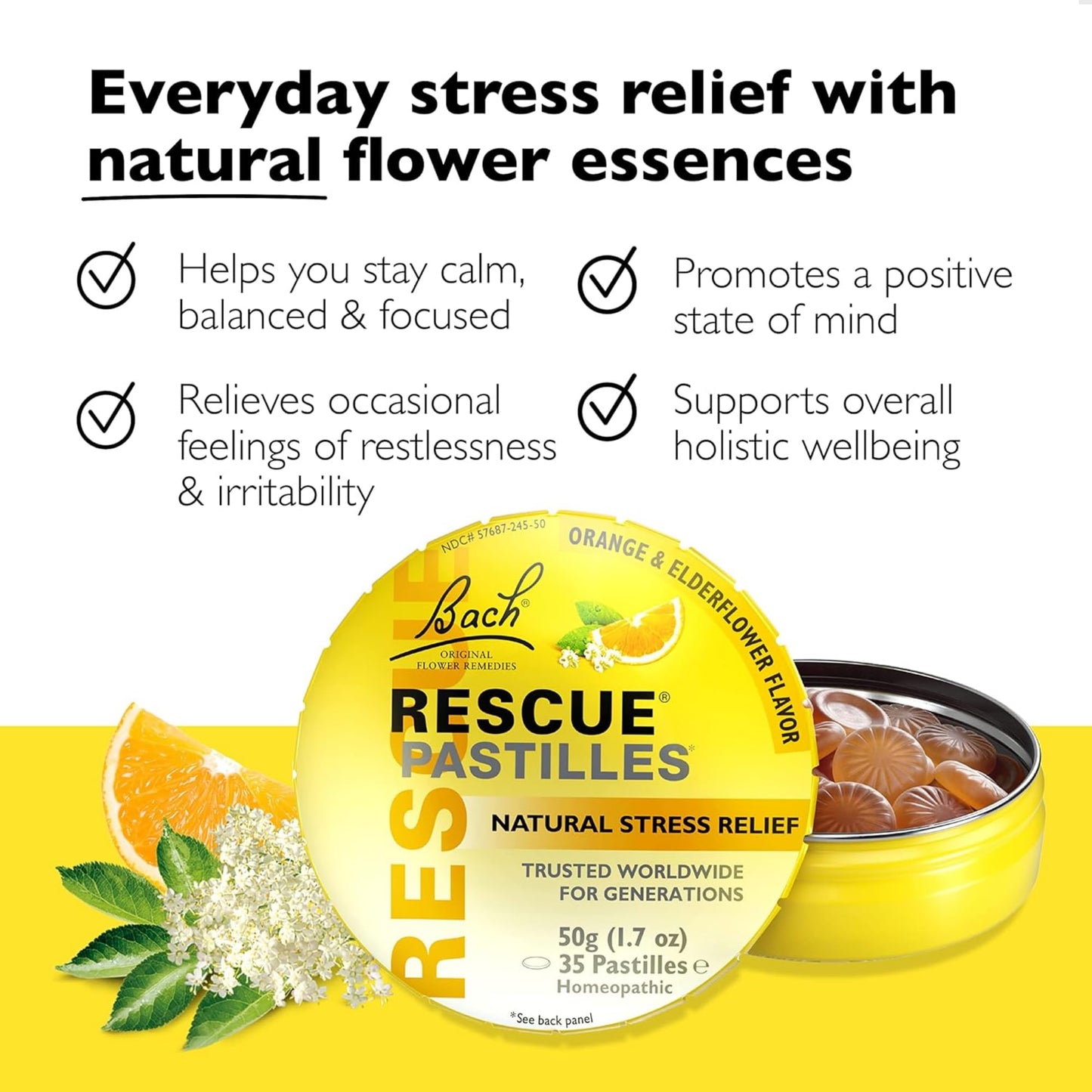 Bach Rescue Pastilles Orange & Elderflower - Stress Relief Lozenges, 35 Count
