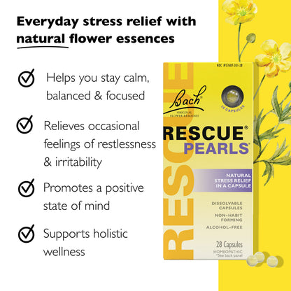 Bach Rescue Pearls – Natural Orange Vanilla Flavor, Stress Relief, Homeopathic Flower Essence, 28 Count