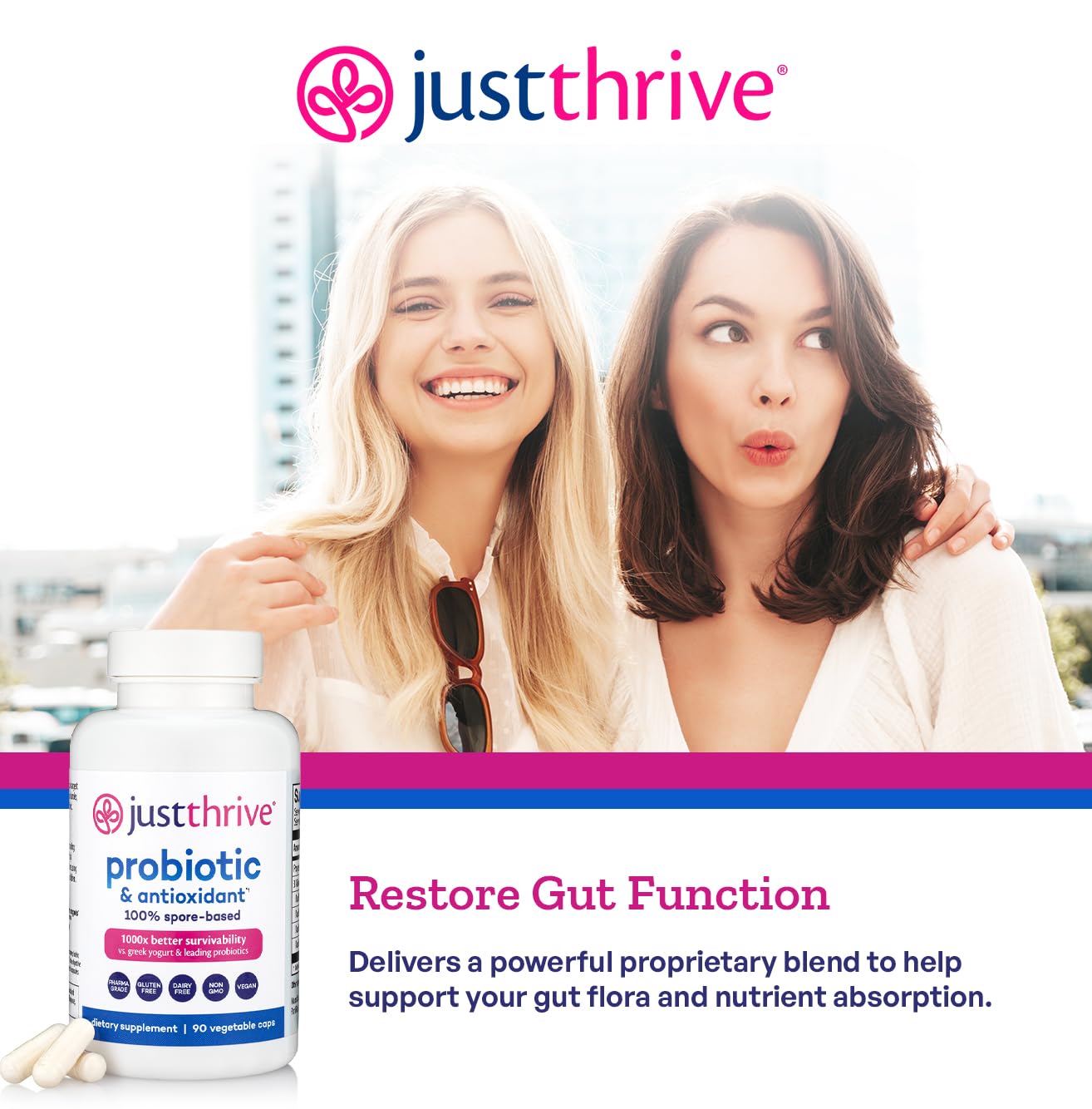 Just Thrive Probiotic & Antioxidant Supplement – 100% Spore-Based Digestive & Immune Support – Gluten Free, 90 Caps