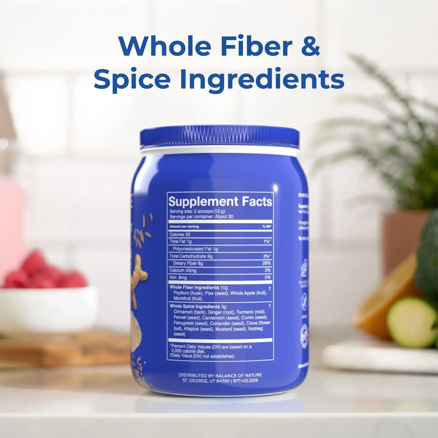 Balance of Nature Fiber & Spice: Psyllium Husk, Flax Seed, Turmeric & Apple – 30 Servings