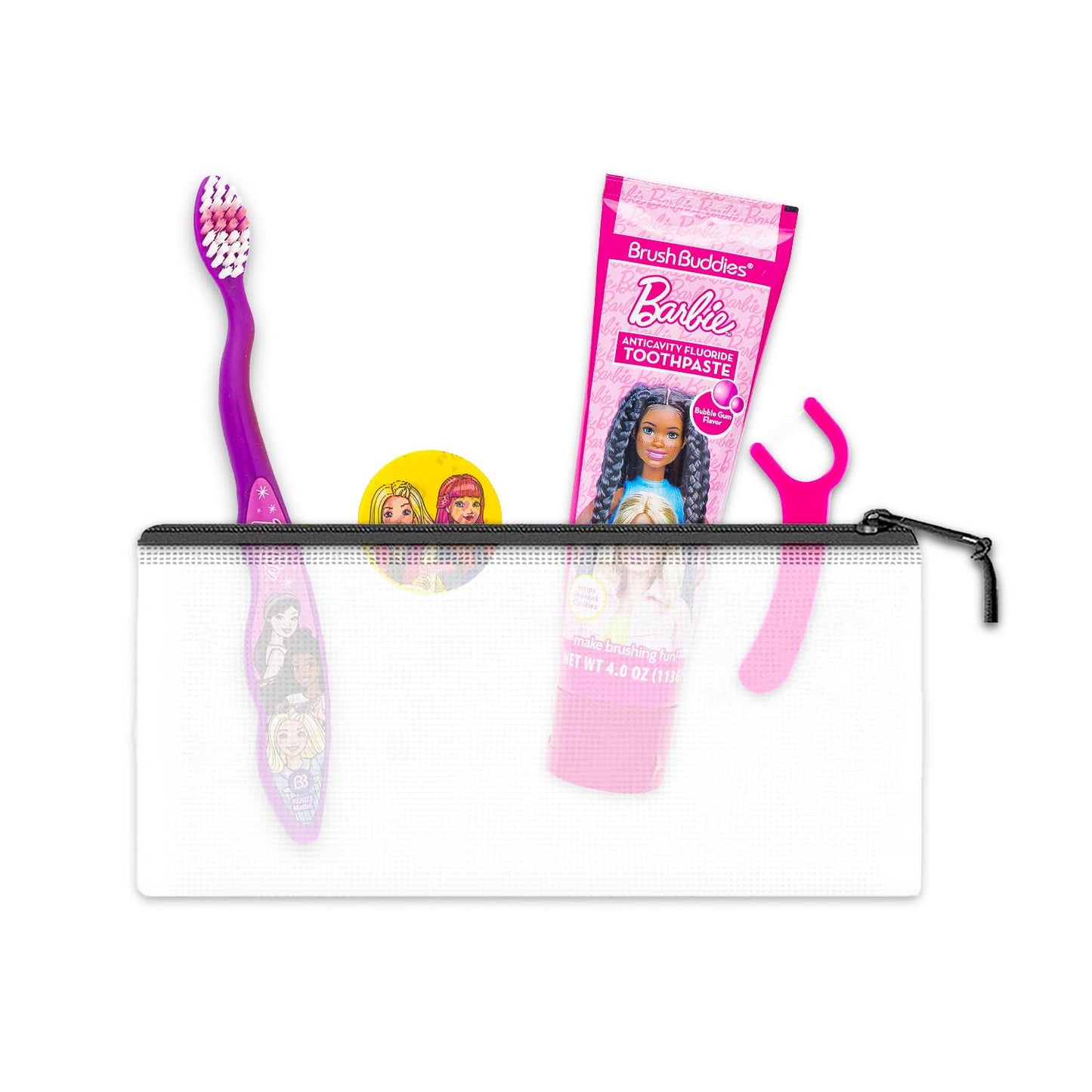 Barbie Oral Care Traveling Kit for Kids – Toothbrush Set with Cover, Toothpaste, Floss, and Travel Bag