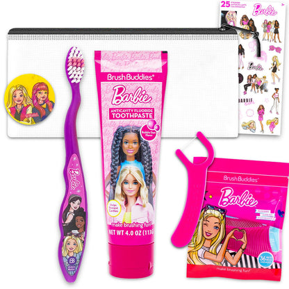 Barbie Oral Care Traveling Kit for Kids – Toothbrush Set with Cover, Toothpaste, Floss, and Travel Bag
