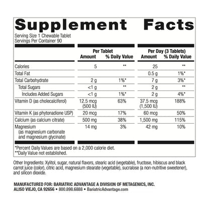Bariatric Advantage Calcium Citrate Chewable 500 mg – Wild Cherry, 90 Count | Bariatric Surgery Bone Health