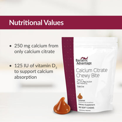 Bariatric Advantage Calcium Citrate Chewy Bites 250 mg with Vitamin D3 – Sugar-Free Caramel, 60 Count