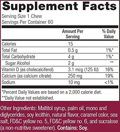 Bariatric Advantage Calcium Citrate Chewy Bites 250 mg with Vitamin D3 – Sugar-Free Caramel, 60 Count