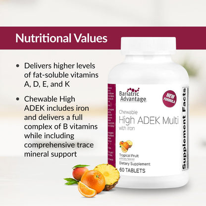 Bariatric Advantage ADEK with Iron – High Potency Chewable Multivitamin (60 Tablets) – Tropical Fruit
