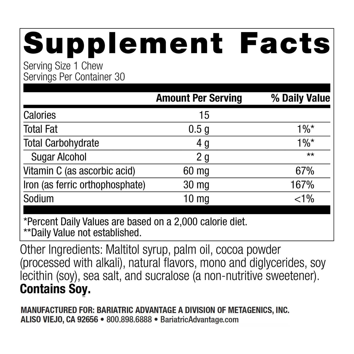 Bariatric Advantage Iron Chewy Bite – Chocolate Raspberry Truffle, 30 mg Iron, 60 mg Vitamin C, 30 Count