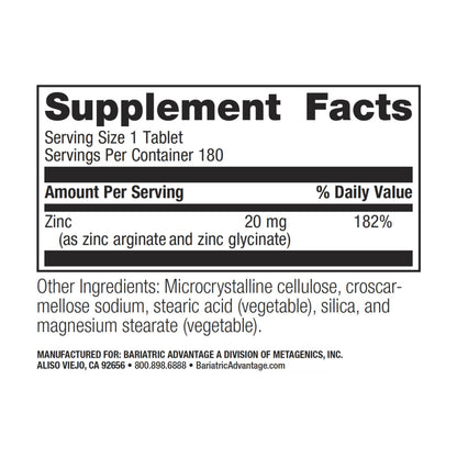 Bariatric Advantage Zinc Chelate 20 mg – Non-Chewable Tablets (180)