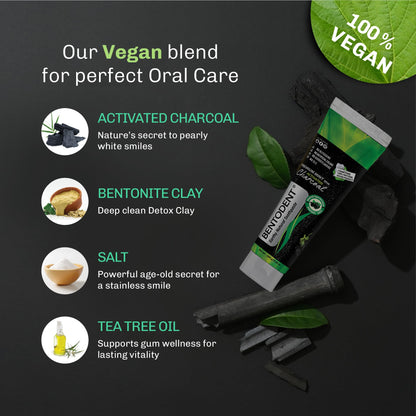 BENTODENT Toothpaste - Bentonite Clay & Activated Charcoal, Fluoride-Free, SLS-Free, Vegan, 3.52 oz