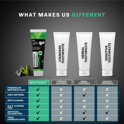 BENTODENT Toothpaste - Bentonite Clay & Activated Charcoal, Fluoride-Free, SLS-Free, Vegan, 3.52 oz
