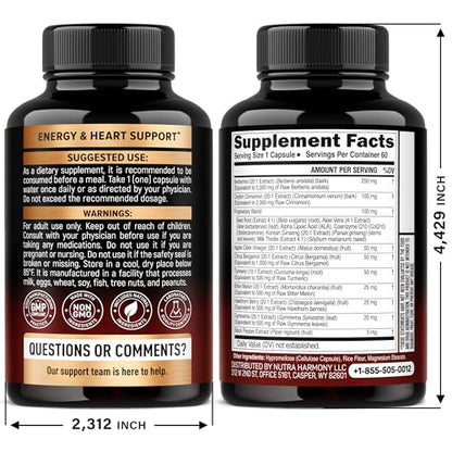Berberine with Ceylon Cinnamon | Gymnema Extract | Apple Cider Vinegar | Hawthorn Berry | Citrus Bergamot | Bitter Melon - 15-in-1 Supplement for Heart Support, Metabolism & Energy - Vegan 60 Capsules