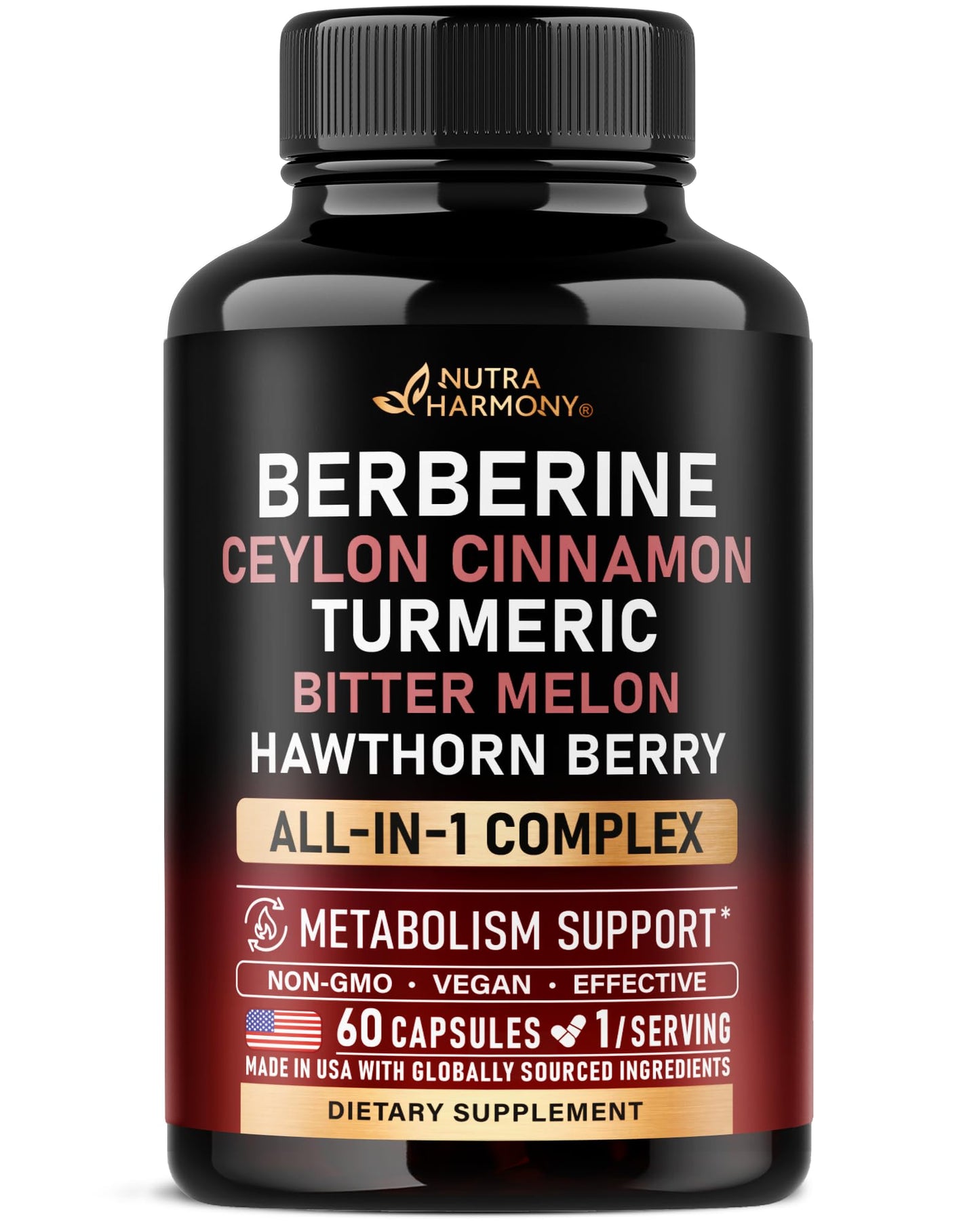 Berberine with Ceylon Cinnamon | Gymnema Extract | Apple Cider Vinegar | Hawthorn Berry | Citrus Bergamot | Bitter Melon - 15-in-1 Supplement for Heart Support, Metabolism & Energy - Vegan 60 Capsules