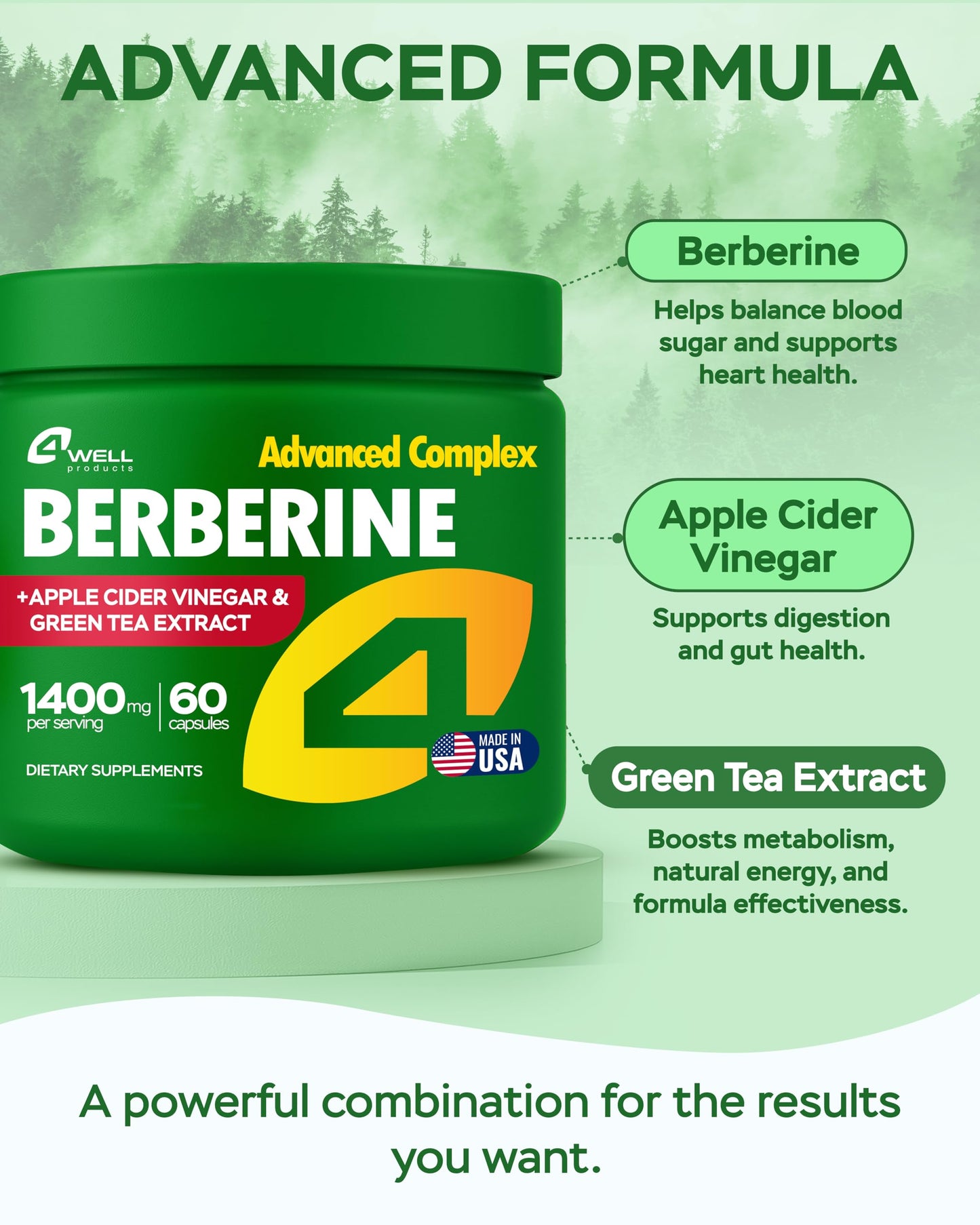 Berberine HCL Supplement - Triple Strength GLP-1 Activator with Apple Cider Vinegar & Green Tea Extract - Body Composition Support, Digestive Health, Support Heart Health, Immune System (60 Capsules)