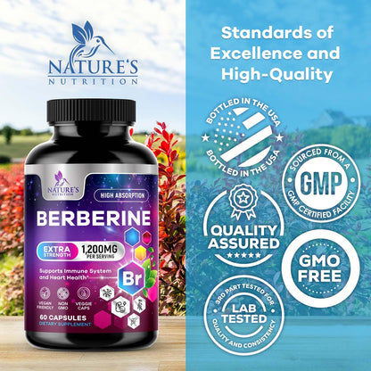 Berberine HCL 1200mg Supplement – High-Absorption Berberine HCL Capsules for Heart Health & Immune Support | Vegan, Gluten-Free, Non-GMO – 60 Veggie Capsules