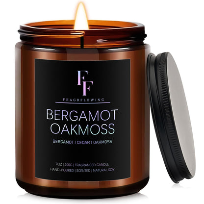 Bergamot Oakmoss Scented Candle | 7oz Soy Wax Candle for Home | Aromatherapy Gift for Women & Men