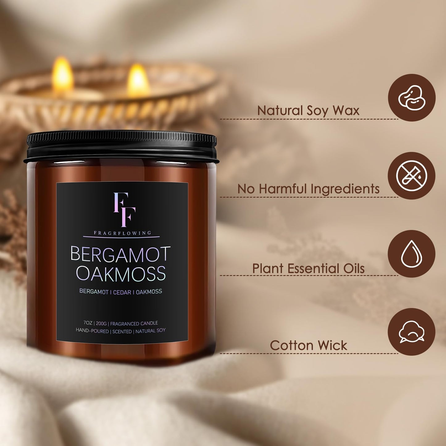 Bergamot Oakmoss Scented Candle | 7oz Soy Wax Candle for Home | Aromatherapy Gift for Women & Men