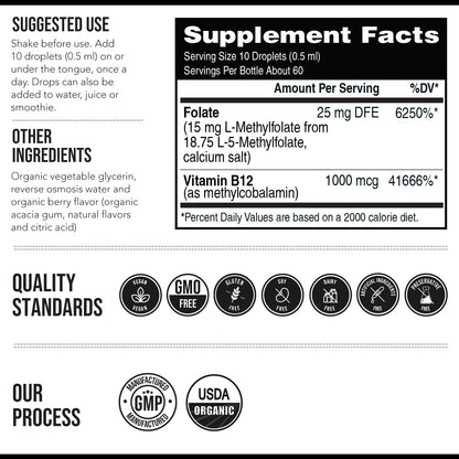 L-Methyl Folate 15mg + Methyl B12 Cofactor – Organic Berry Flavor, High Potency Liquid Sublingual 5-MTHF Calcium Salt | Supports Mood, Methylation & Cognition (1oz)