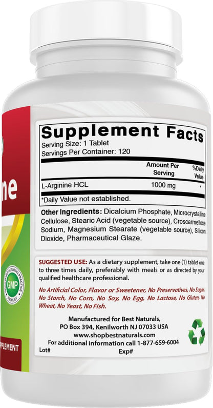 Best Naturals 3 Pack L-Arginine 1000 mg 120 Tablets - Pharmaceutical Grade L Arginine Supplement Promotes Nitric Oxide Synthesis (Total 360 Tablets)