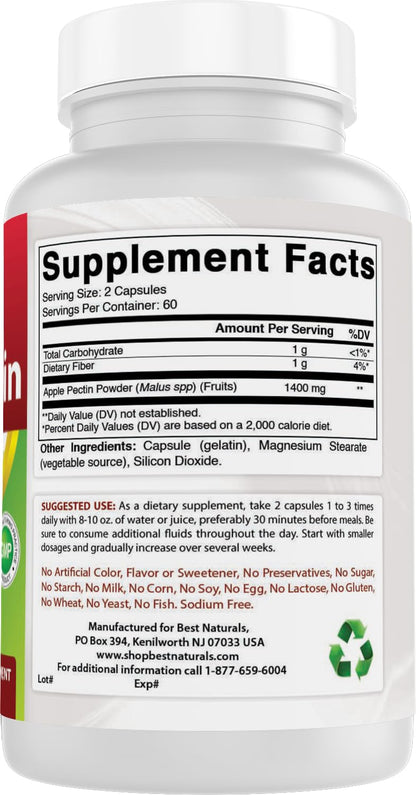 Best Naturals Apple Pectin 700 mg – Dietary Fiber & Intestinal Support | 120 Capsules (Pack of 2)