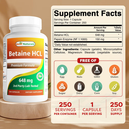Best Naturals Betaine HCL 648 mg - 250 Capsules (Pack of 2)