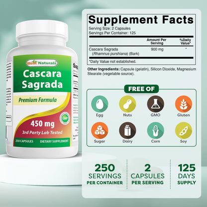 Best Naturals Cascara Sagrada 450 mg - 250 Capsules (Pack of 2) | Non-GMO & Gluten-Free