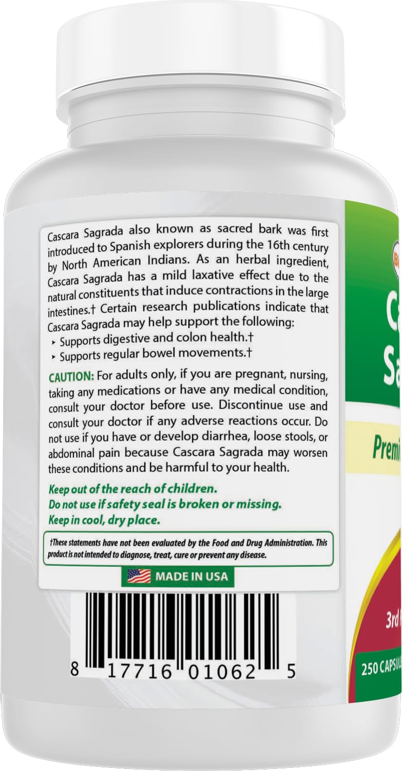 Best Naturals Cascara Sagrada 450 mg – 250 Capsules | Non-GMO, Gluten-Free, Made in USA