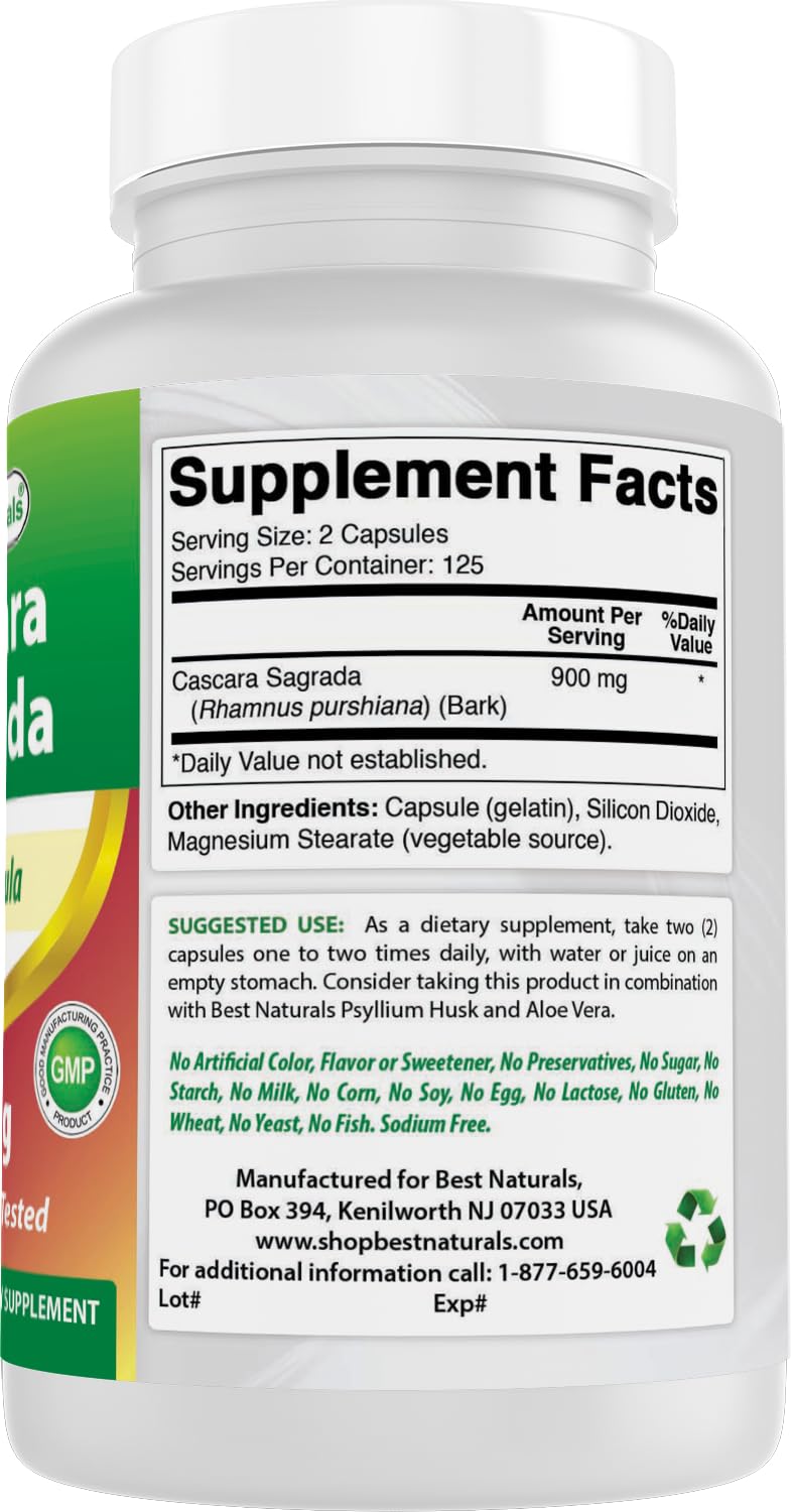 Best Naturals Cascara Sagrada 450 mg – 250 Capsules | Non-GMO, Gluten-Free, Made in USA