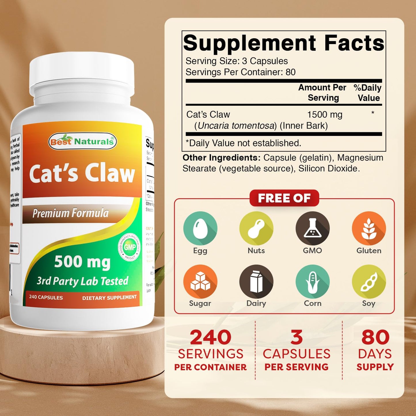 Best Naturals Cat's Claw Capsule 500 mg – 240 Count | Non-GMO, Gluten-Free