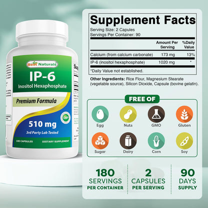 Best Naturals IP-6 510 mg 180 Capsules | 3rd-Party Tested, Non-GMO