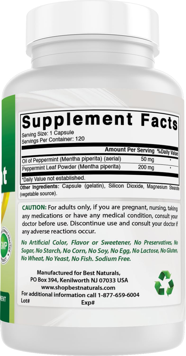 Best Naturals Peppermint Oil Bowel Soothing Dietary Supplement, 250 mg, 120 Count