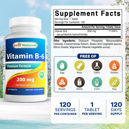Best Naturals Vitamin B6 200mg for Adults - 120 Tablets (Pack of 2)