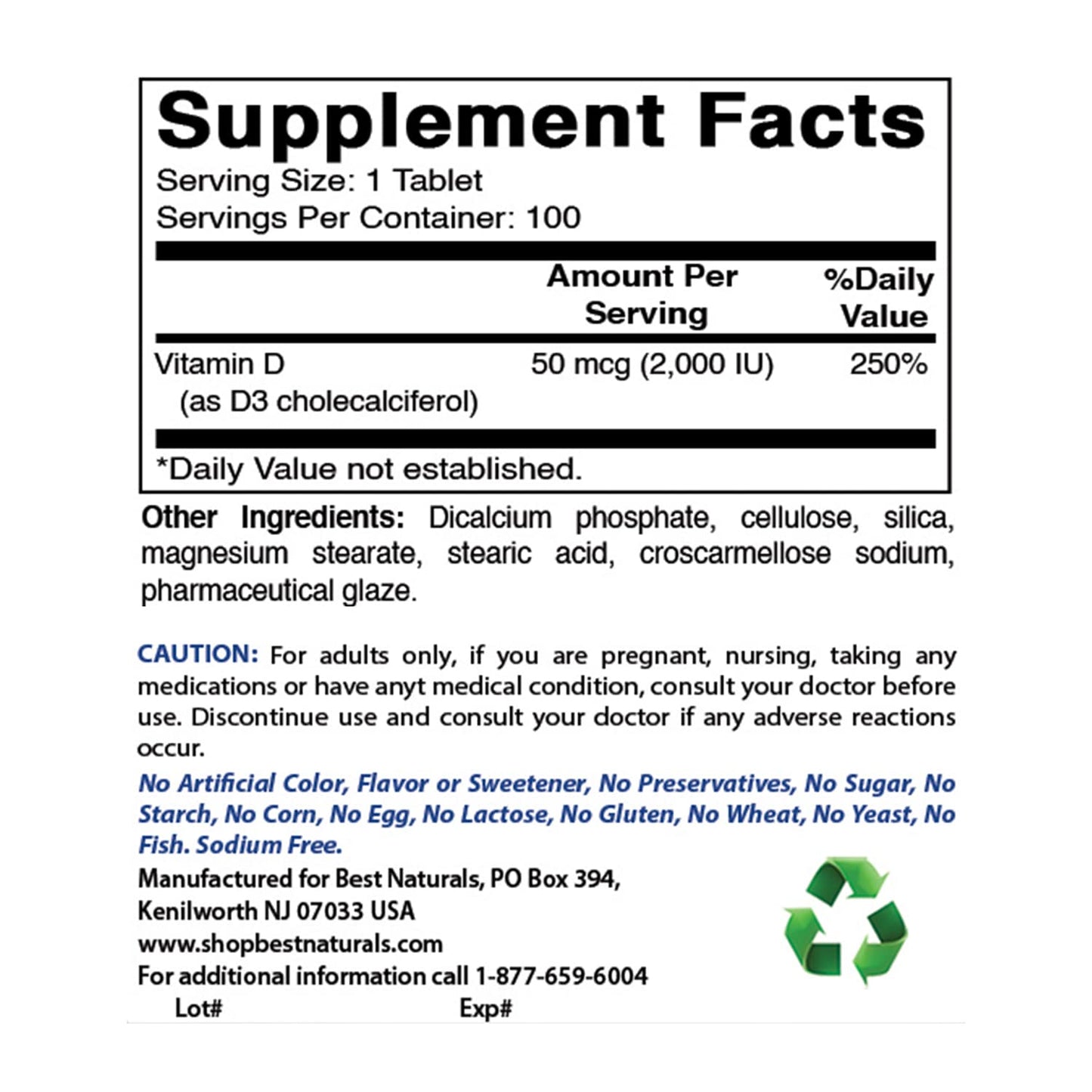 Best Naturals Vitamin D3 2000 IU (50 mcg) – 100 Tablets – Pack of 3